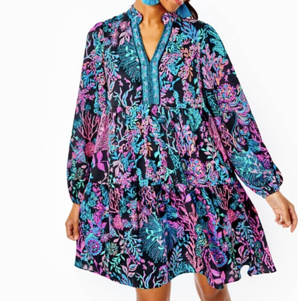 Lilly Pulitzer Black Floral Tunic Dress with Teal and Pink Print